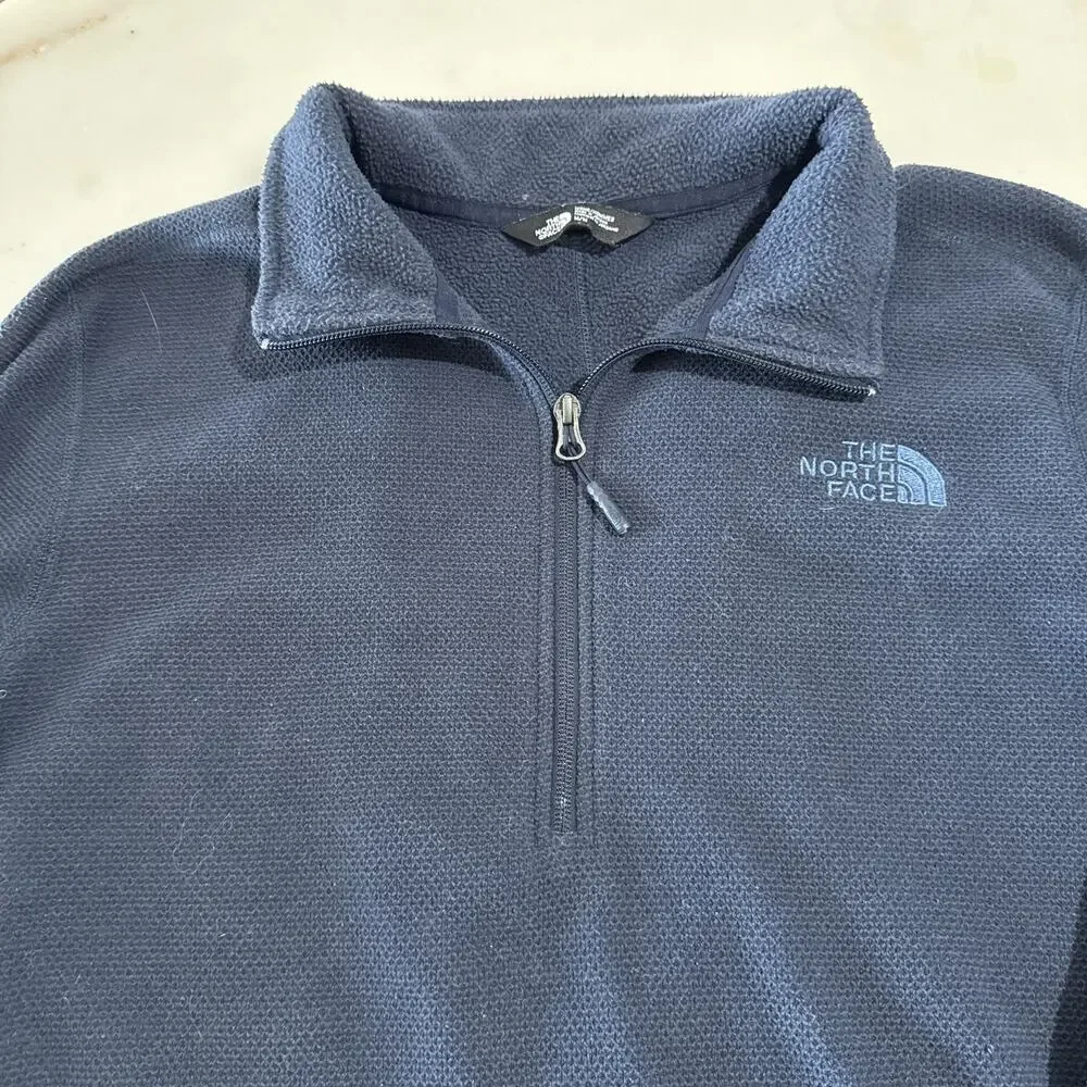 The North Face Mens Waffle Knit Quarter Zip Fleece Pullover Navy Blue Medium